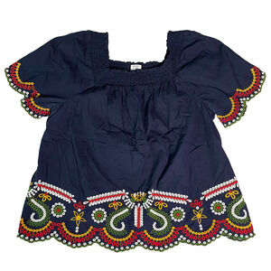 Crown & Ivy Embroidered Blouse Womens Large Navy Boho Peasant Artsy Smocked